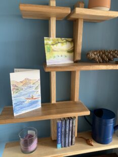Objects including plants and books on attractive hardwood shelving